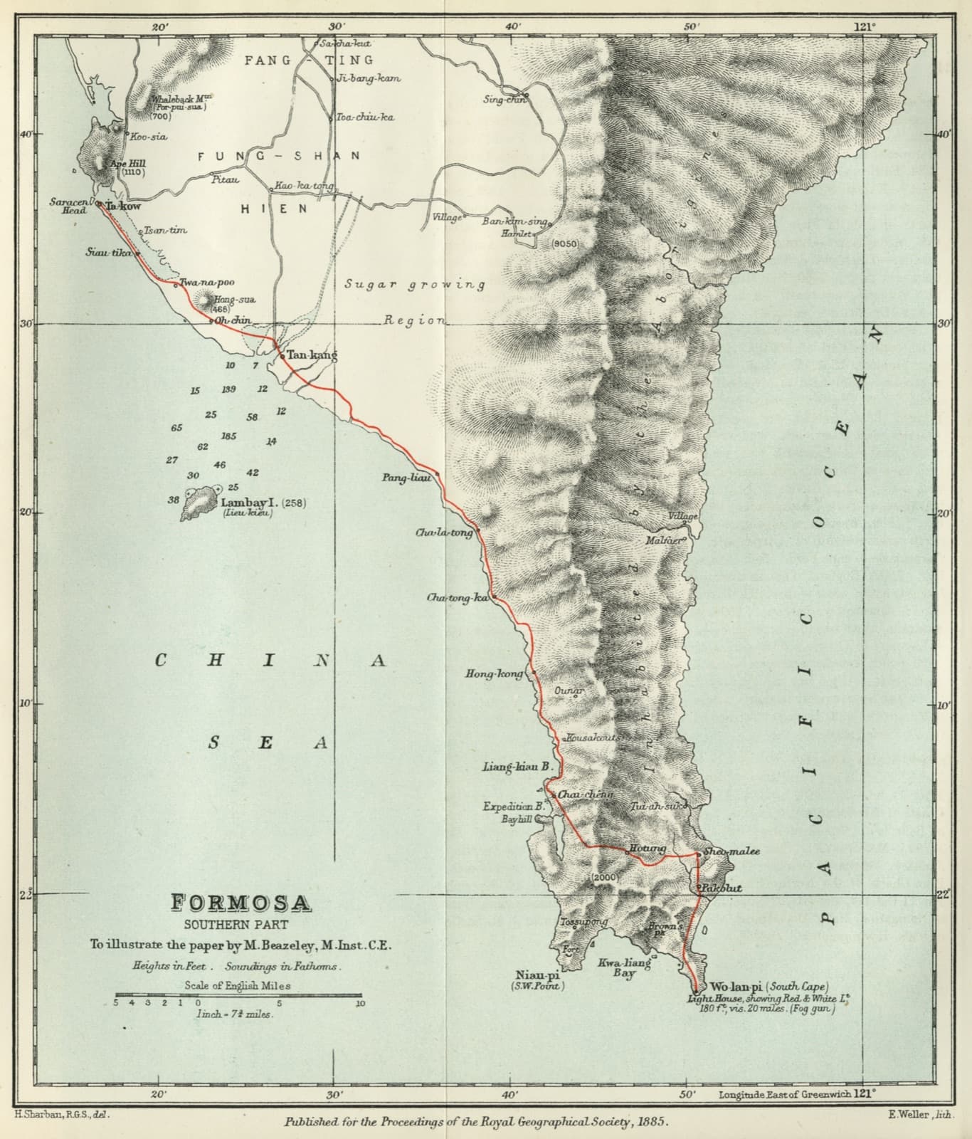 A map of southern Formosa published by the Royal Geographical Society in 1885, appended to Beazeley's account of an overland journey made in 1875. After the ports opened, foreign survey moved inland alongside foreign trade.