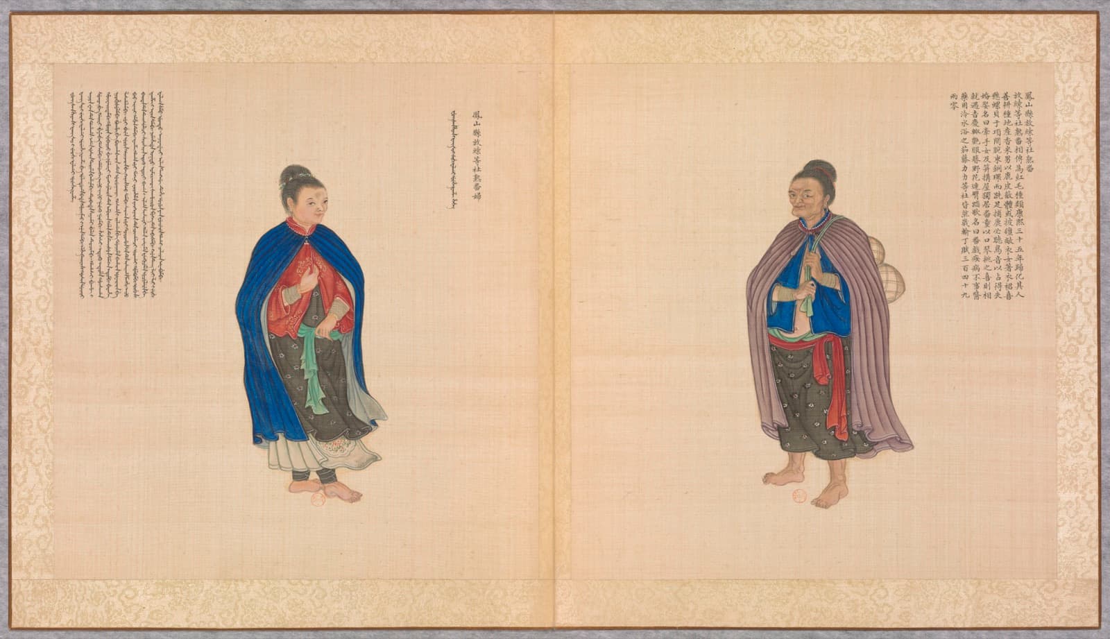 A Plains Indigenous couple of Fangsuo and neighbouring villages in Fengshan county, from the Zhigong tu commissioned under the Qianlong Emperor, around 1751. Fangsuo lay in present-day Linbian, Pingtung, on the plain south of the Lower Tamsui River, next to the left unit of the Liudui. The force that held the east bank in 1721 included Plains Indigenous men as well as Hakka settlers.