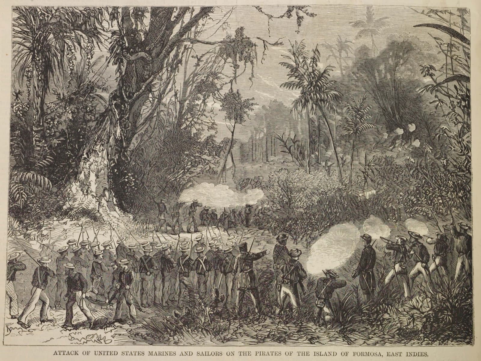 US Marines and sailors landing at the southern cape, engraved for *Harper's Weekly*, 7 September 1867. The *Rover* had struck the Vele Rete rocks and her crew were killed by the Koalut after coming ashore; the punitive landing lasted two hours and cost Lieutenant Commander Mackenzie his life.