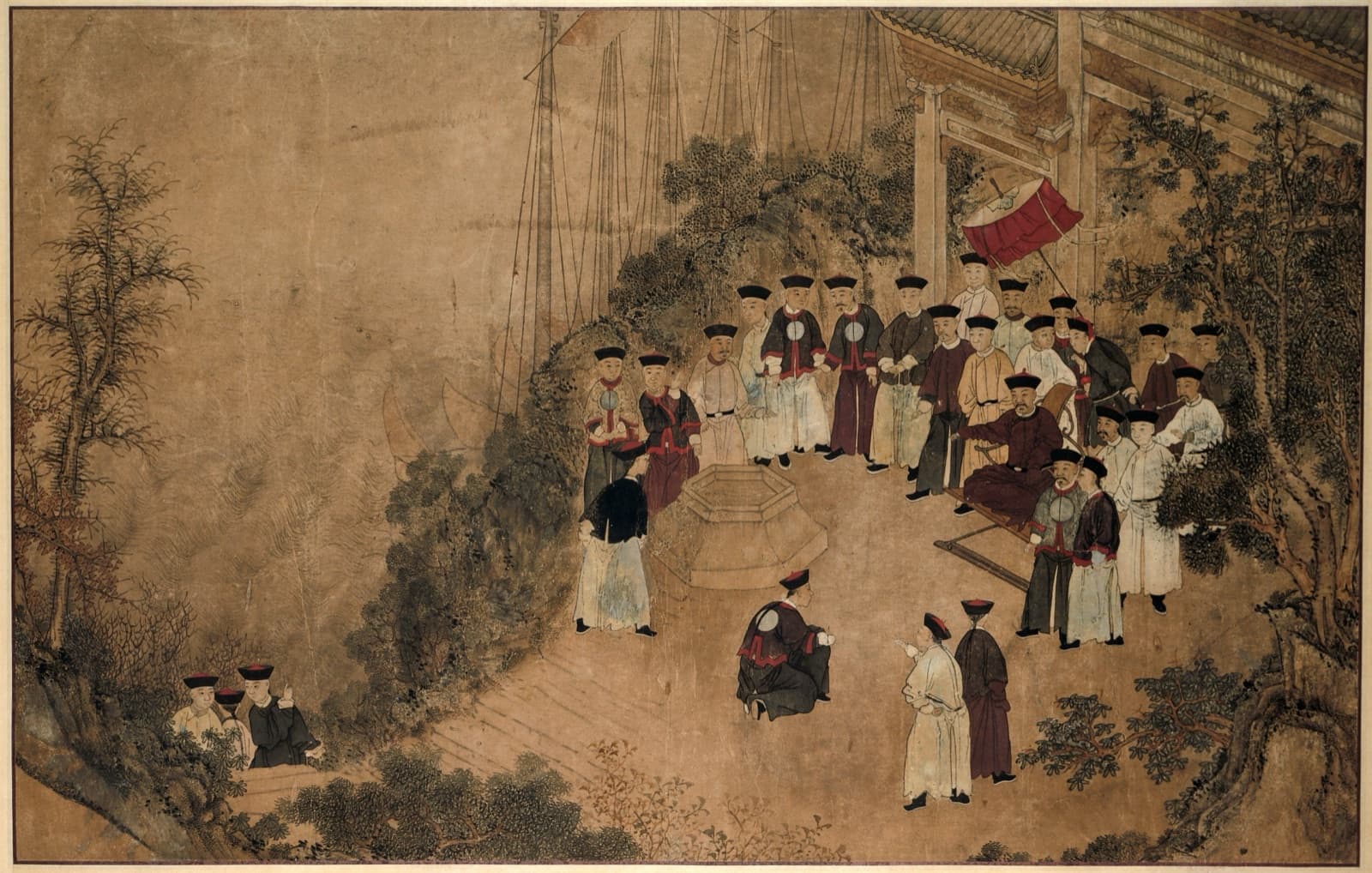 Shi Lang and a company of officials at a well by the sea, as a Dutch engraver imagined them. His fleet broke Liu Guoxuan's at Penghu in 1683; Zheng Keshuang surrendered, and the next year Taiwan became one prefecture and three counties under Fujian.