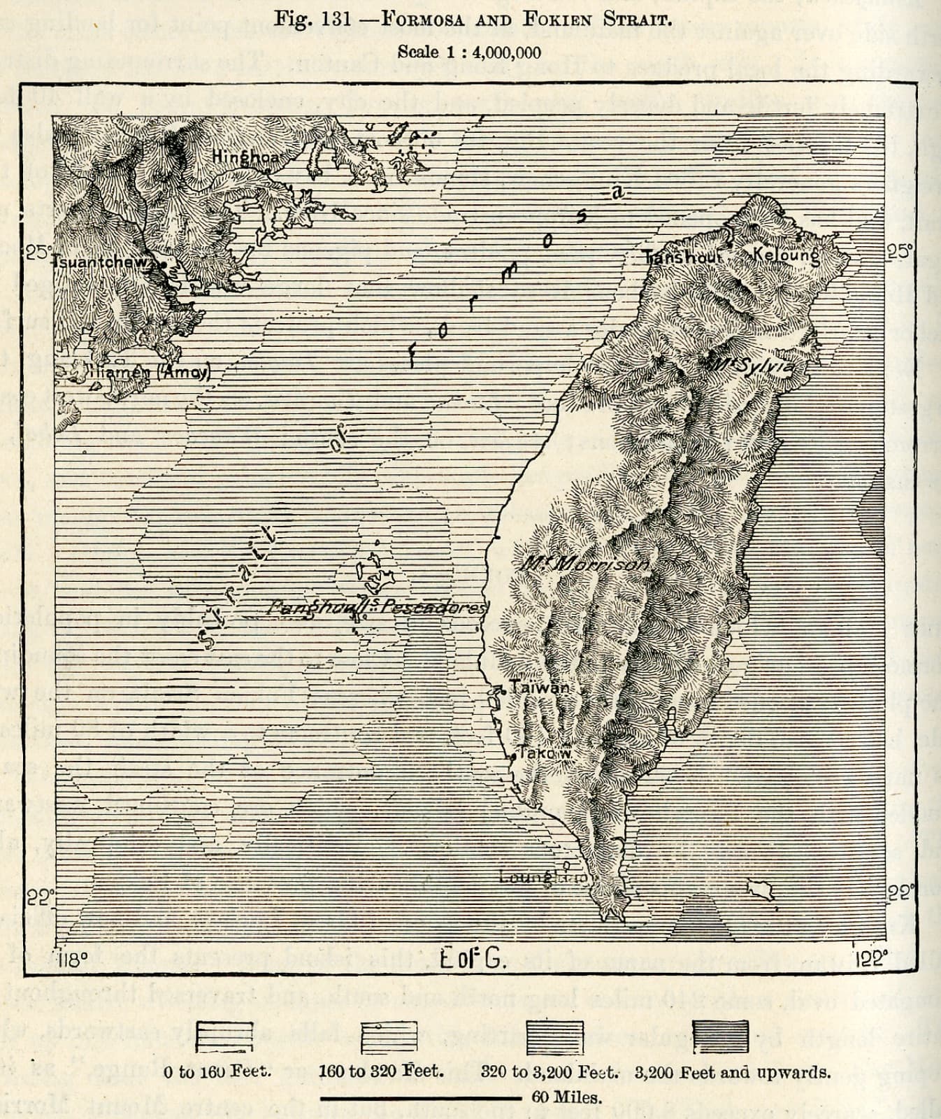 A chart of the strait between Fujian and Taiwan, 1884. From 1684 the Qing forbade migrants to bring their families; the ban was lifted and reimposed for more than a century, and those who crossed were mostly single men.