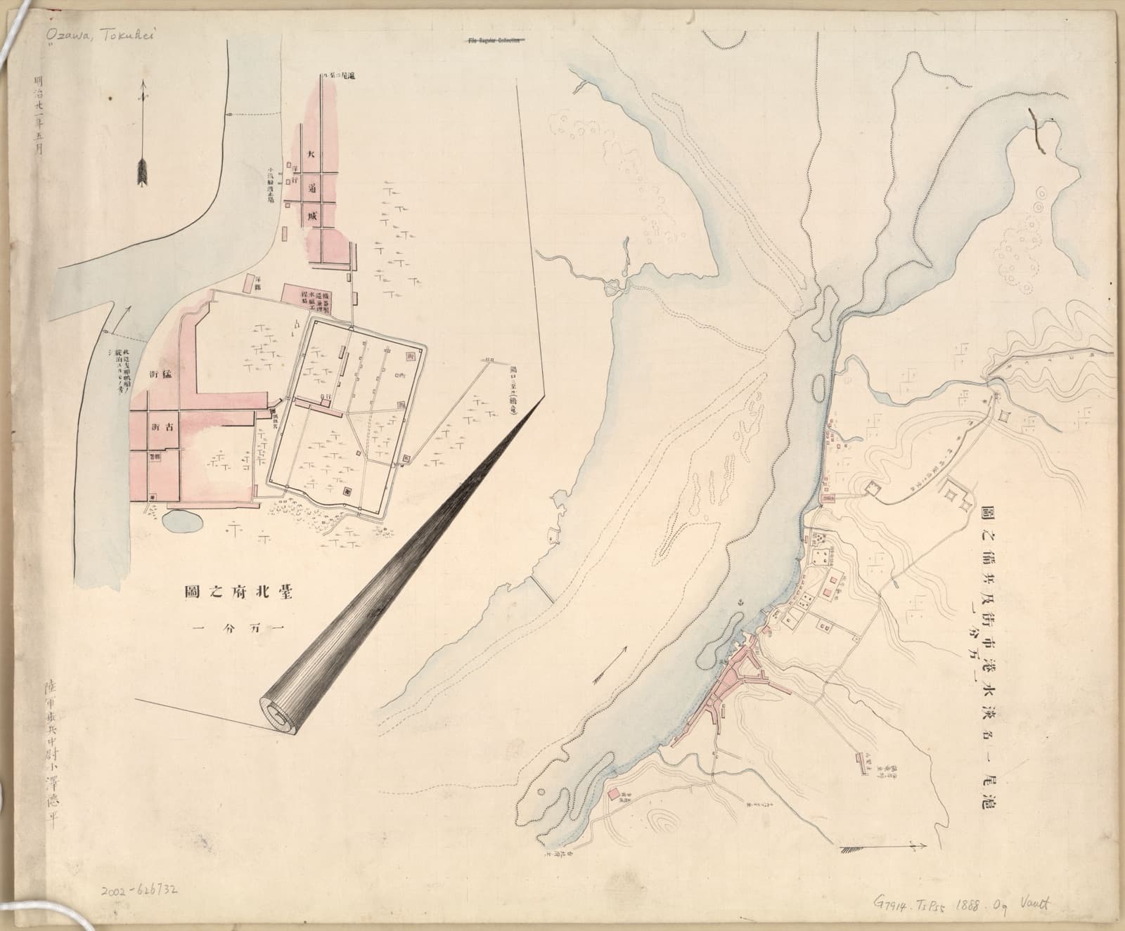 Tamsui harbour and the Taipei prefecture, drawn by Ozawa Tokuhei in 1888. Tamsui opened under the Treaty of Tianjin in 1860, with Keelung, Anping and Takow following; tea, sugar and camphor left through these four.