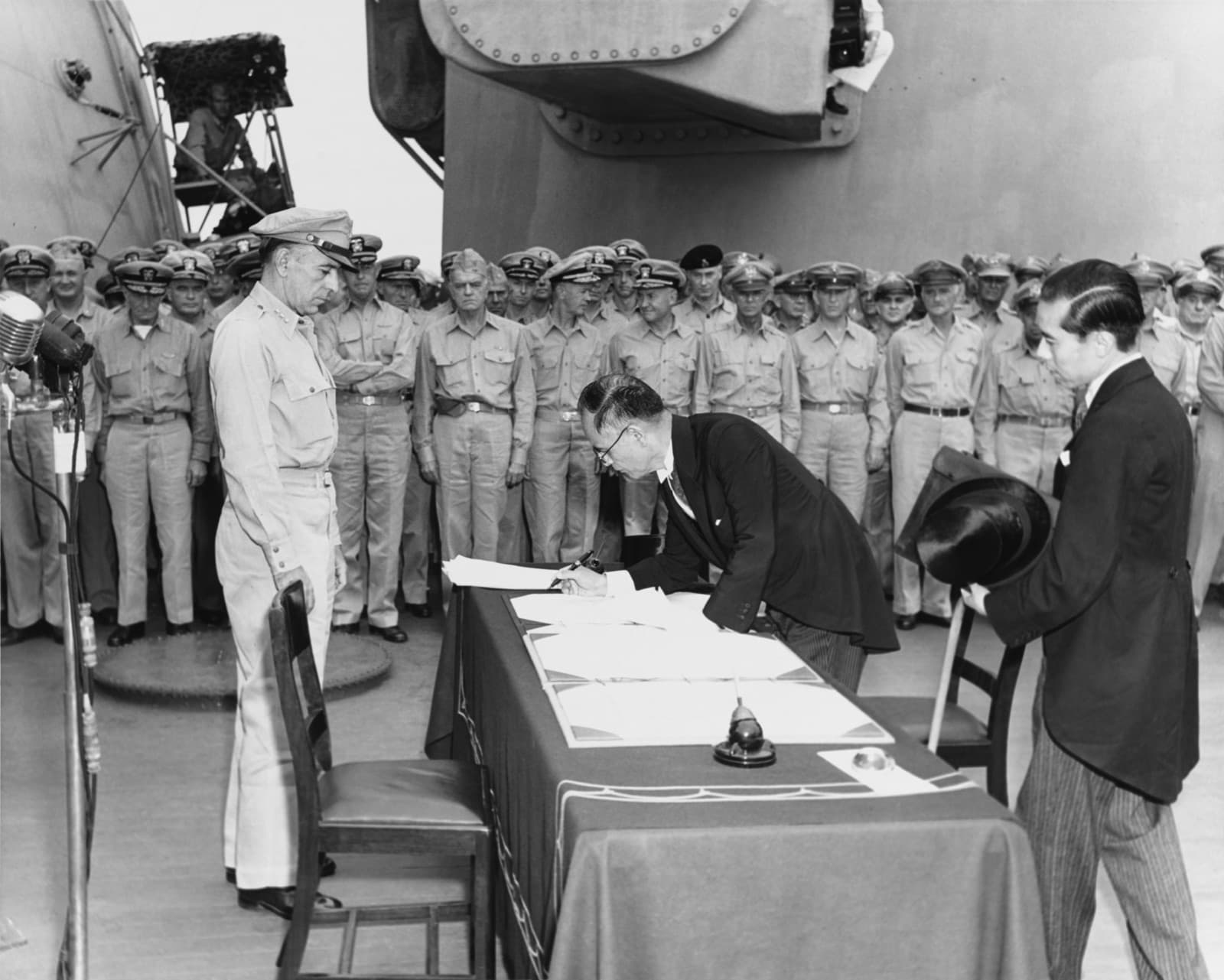 Mamoru Shigemitsu signing the Instrument of Surrender aboard the USS Missouri, 2 September 1945. Taiwan's future was settled inside this set of documents and the Allied orders that followed. Nobody on the island was asked.