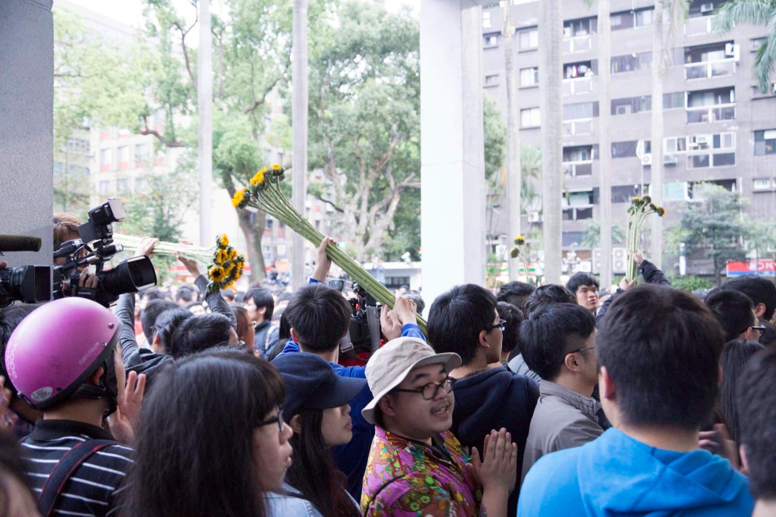 Sunflowers held up in the crowd. A florist had sent 1,300 of them into the occupied chamber as a gesture of support; the name of the whole movement came from that delivery.