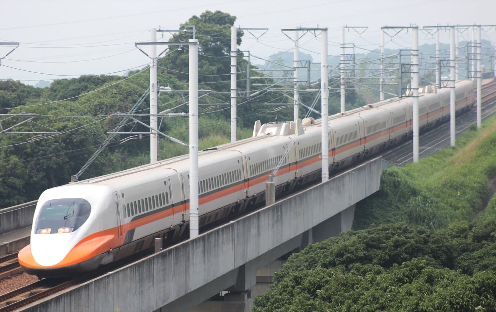 A 700T high-speed trainset. After the line opened in 2007 the run from Taipei to Kaohsiung fell from over four hours to ninety minutes, folding the western corridor into a single day's reach.