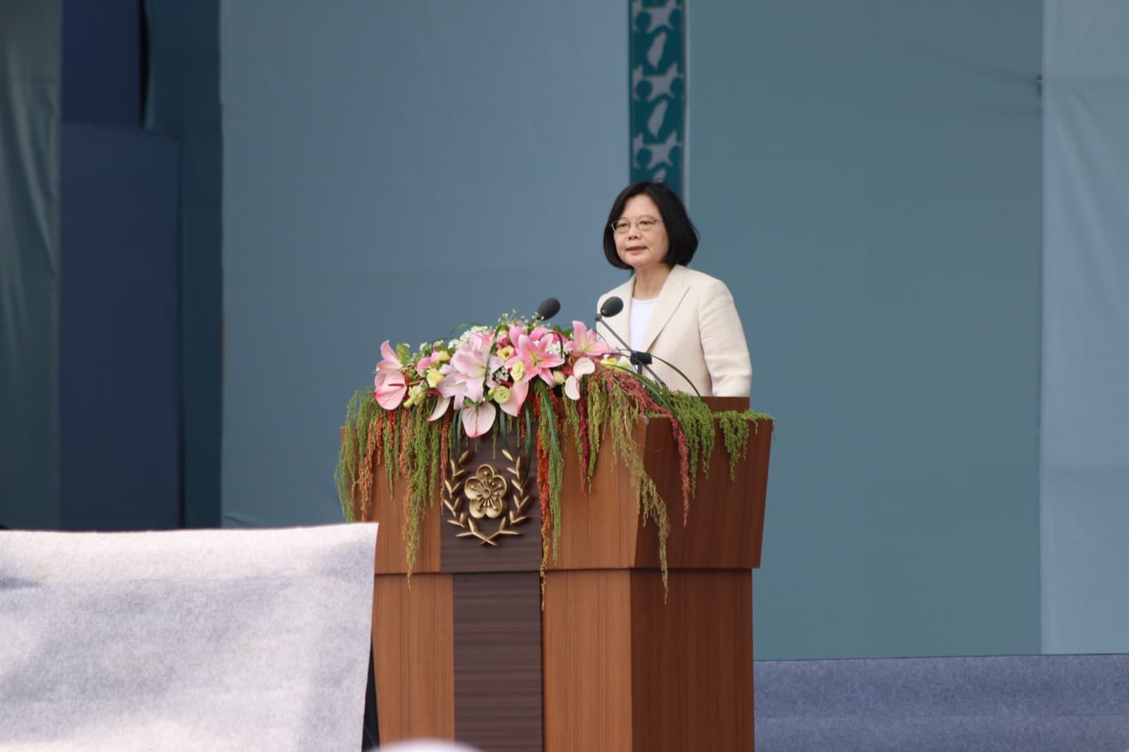Tsai Ing-wen delivering her inaugural address, 20 May 2016. She was Taiwan's first woman president, and the first national leader to arrive there through elections alone, without a political family behind her.