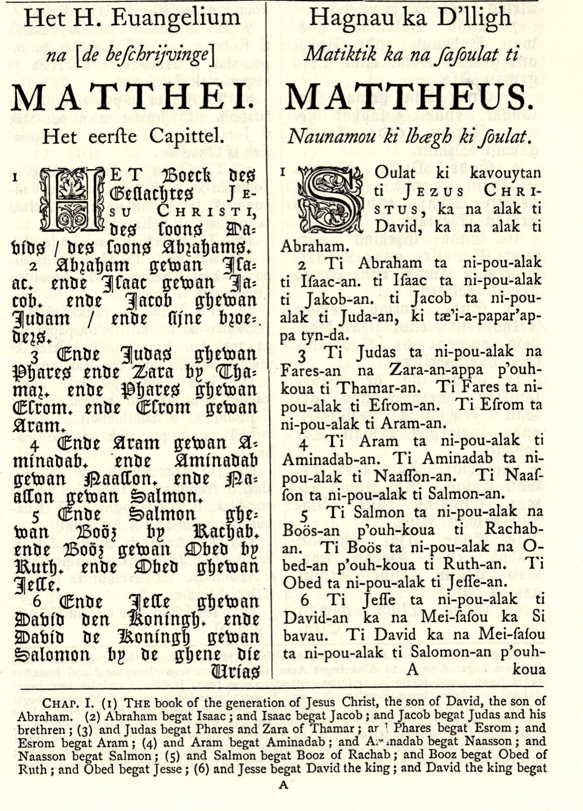 The Gospel of Matthew in parallel columns of Sinckan and Dutch. Daniel Gravius had it printed in 1661, spelling Siraya in roman letters — the first Austronesian language written down. This is William Campbell's 1888 reprint.