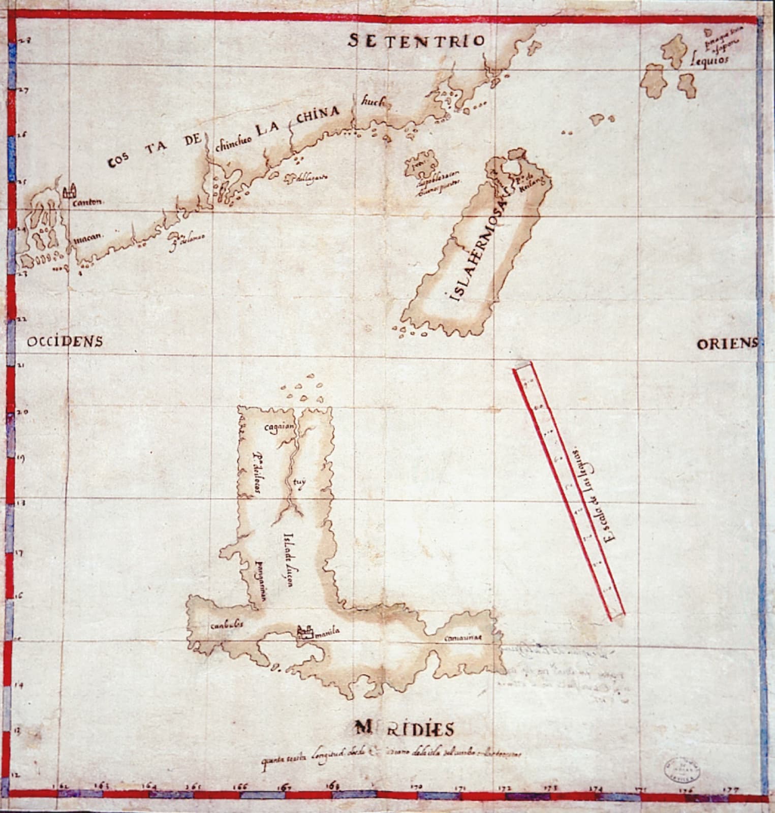 一五九七年,西班牙人德洛斯里奧斯(Hernando de los Ríos Coronel)繪製的呂宋、「Isla Hermosa」與中國沿岸圖。他用這張圖向國王說明在臺灣北部建立據點有多容易,屬意的地點是雞籠。陳第渡海是六年後的事。