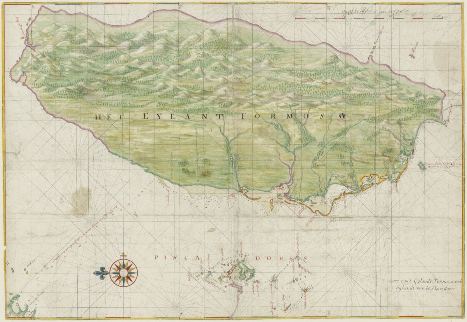 Johannes Vingboons's chart of Formosa and the Pescadores, around 1640. The west coast runs along the bottom edge, with the sandbars and river mouths around Tayouan drawn in detail. The east coast along the top is a bare outline with not a single village marked. These were the years the Company began looking for gold on that side.