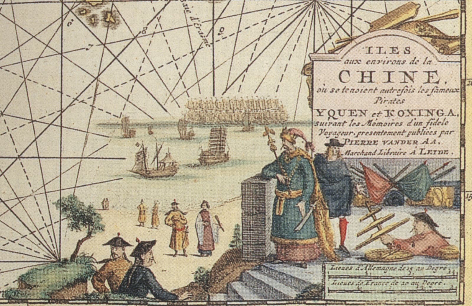 荷蘭萊登出版商范德阿(Pieter van der Aa)印行的中國沿海島嶼圖局部。圖題寫這片海域「從前有著名的海盜一官與國姓爺出沒」,一官就是鄭芝龍。在歐洲人的地圖上,這對父子是海盜。
