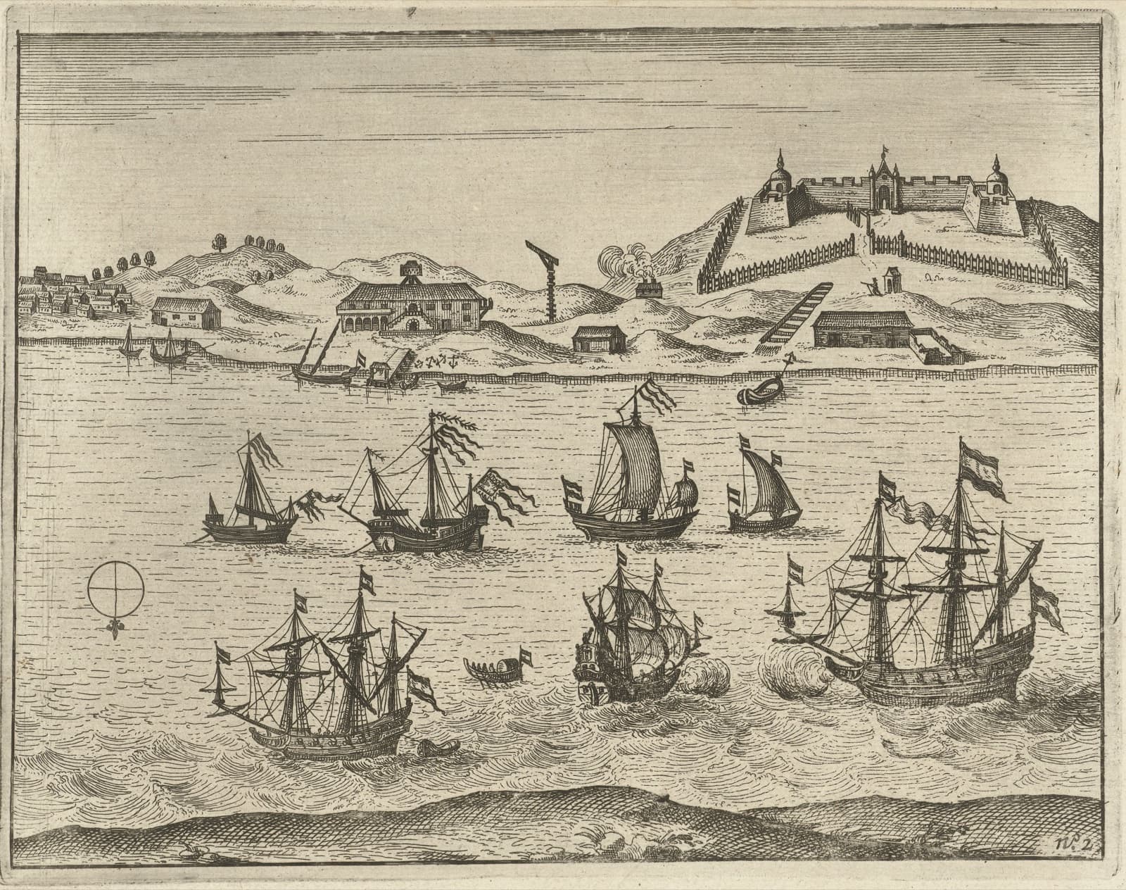 1632年5月的大員灣,荷蘭東印度公司的船隻停泊在熱蘭遮城前,岸上有商館與絞刑架。距VOC撤出澎湖、登陸大員沙洲已過八年,城堡此時已立在沙丘上。出自隨船人員Seyger van Rechteren的航海日誌插圖。