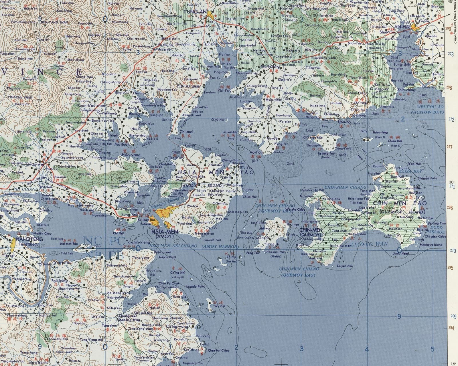 A U.S. Army Map Service sheet of Amoy and its surroundings, November 1958. Xiamen and Kinmen sit on the same sheet; Liao-lo Wan is marked in the lower right, the bay where the supply ships ran the guns for forty-four days.