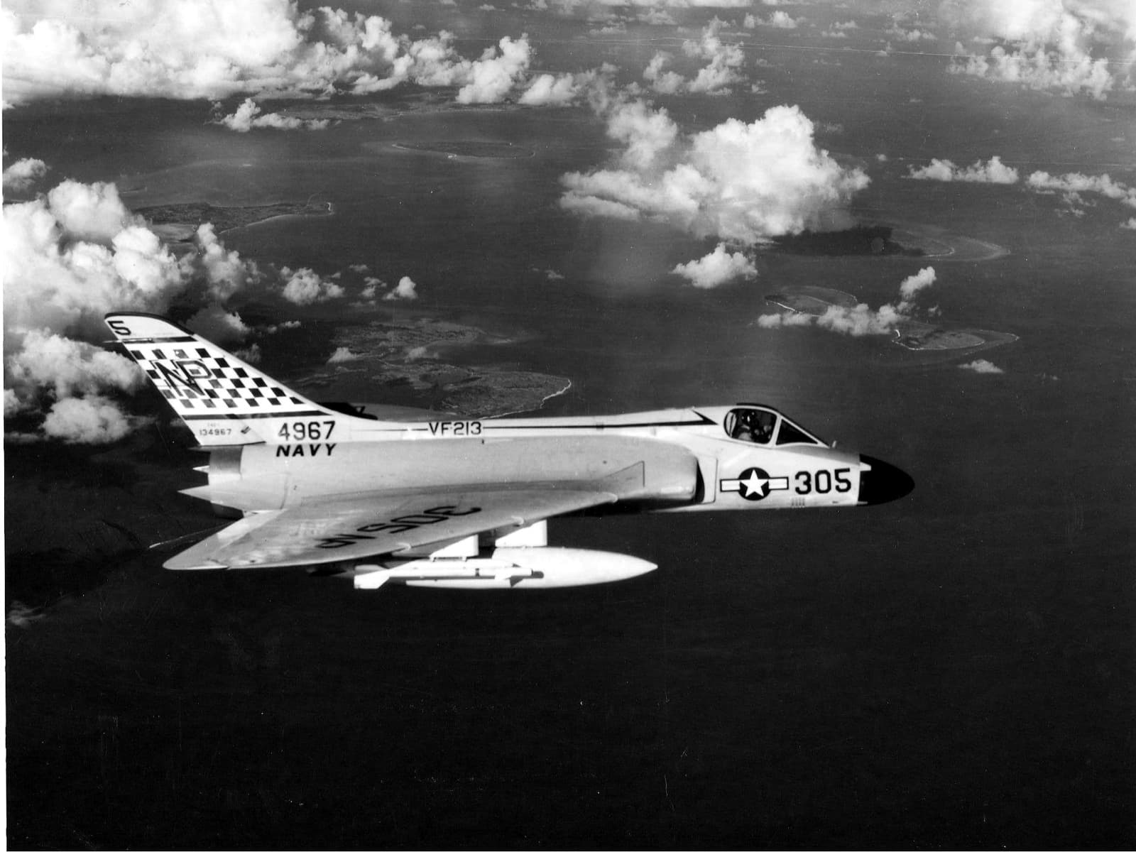 Off Taiwan, September 1958. An F4D-1 Skyray from the carrier USS Lexington, a Sidewinder under its wing. The same missile reached ROC squadrons that month, and the air battles of late September came out differently.