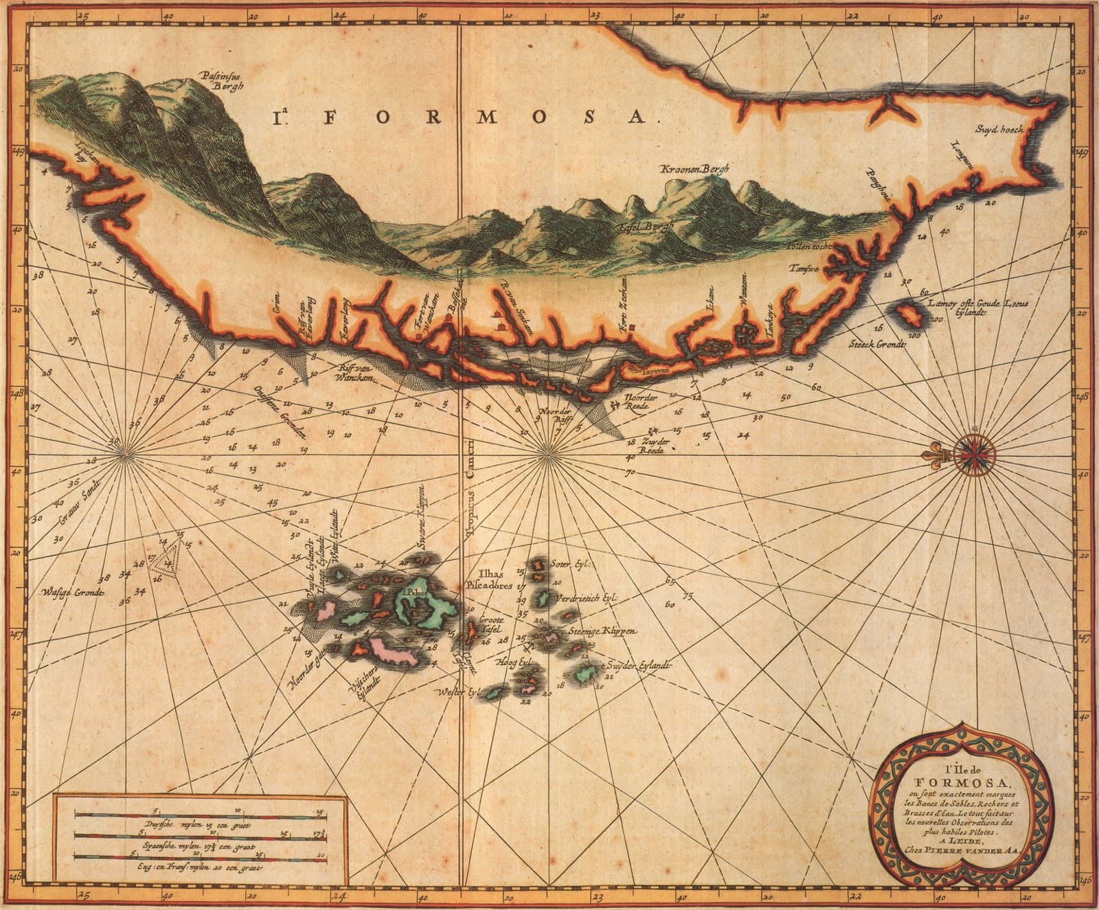 Pieter van der Aa's map of Formosa, 1727. The western plain is crowded with Chinese settlements and rivers; the east is left blank — country the mapmakers could not reach and did not intend to.