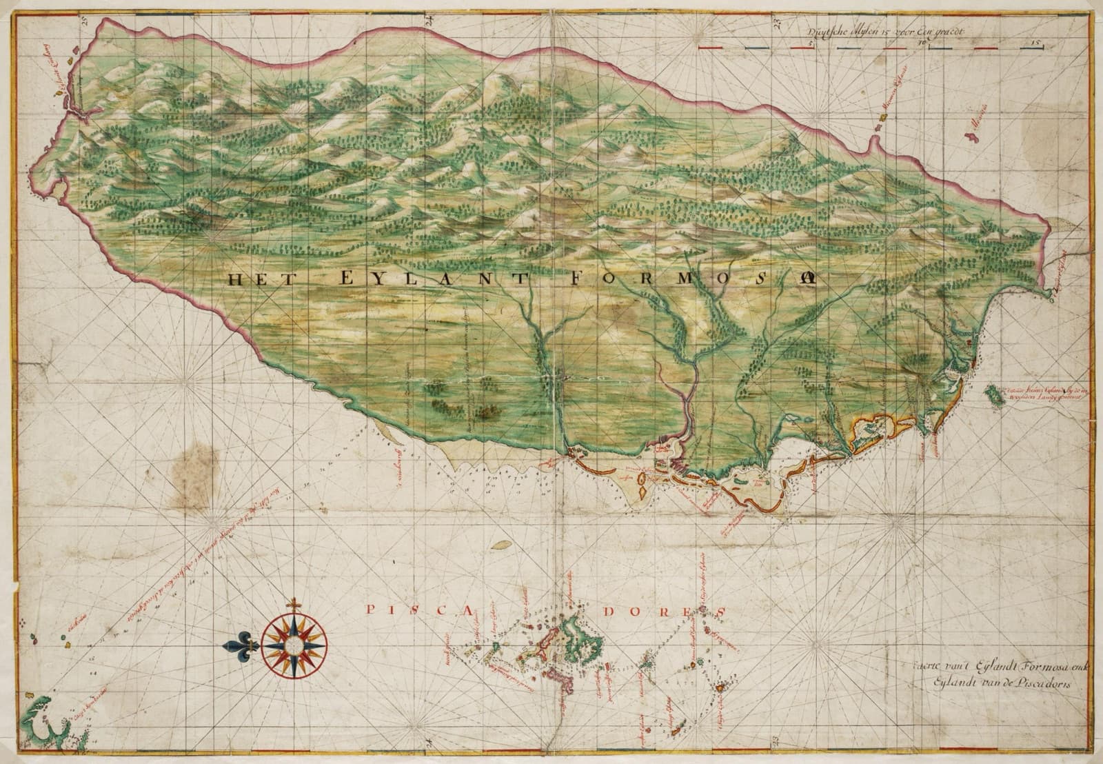 Johannes Vingboons's map of Formosa, 1665. Company charts placed the island at the junction of China, Japan and Manila — the trade Zheng Jing was negotiating over with the English East India Company ran along these lines.