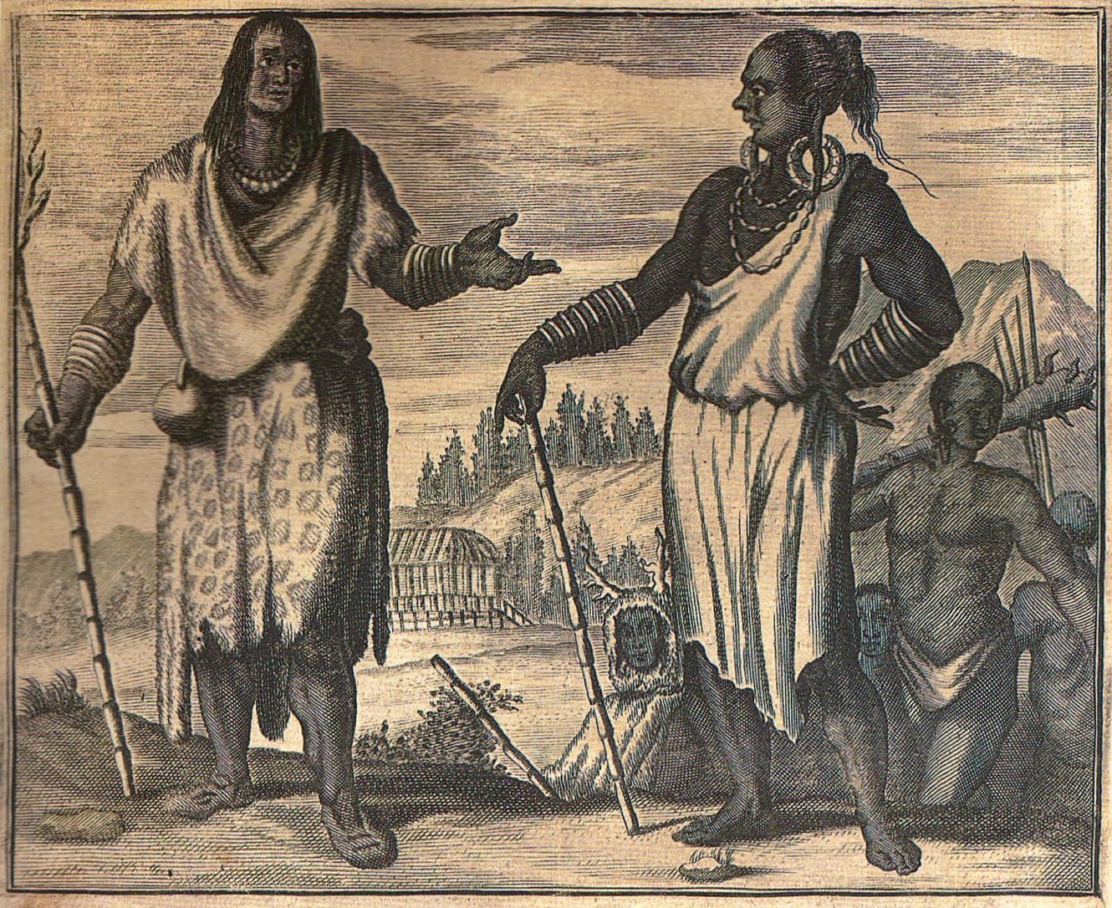 Formosans as engraved for Dapper's book. Plates like this were worked up from travellers' sketches and hearsay, so the detail is unreliable — but this was the only picture of the islanders a European reader could see.