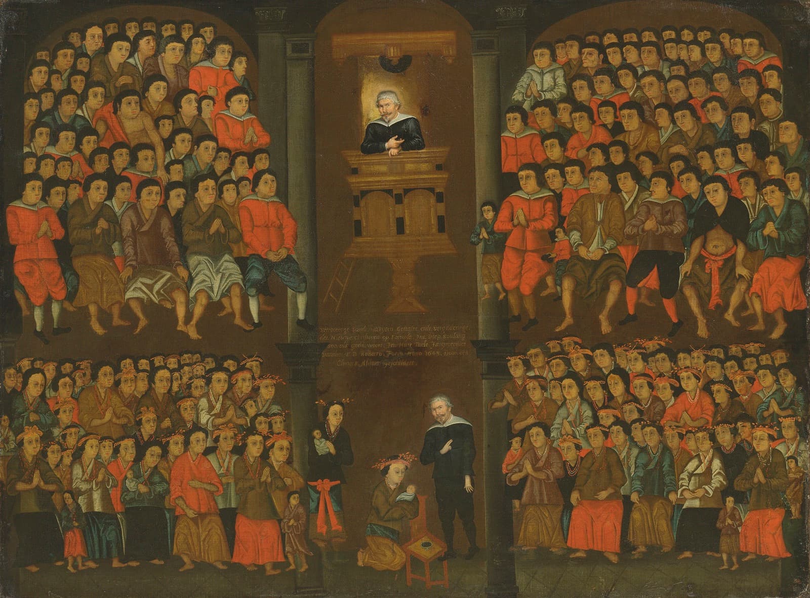 The Dutch minister Robert Junius baptising newly converted Siraya, 1643. Dozens stand ranked on either side — the most direct record we have of the scale of the Dutch mission.