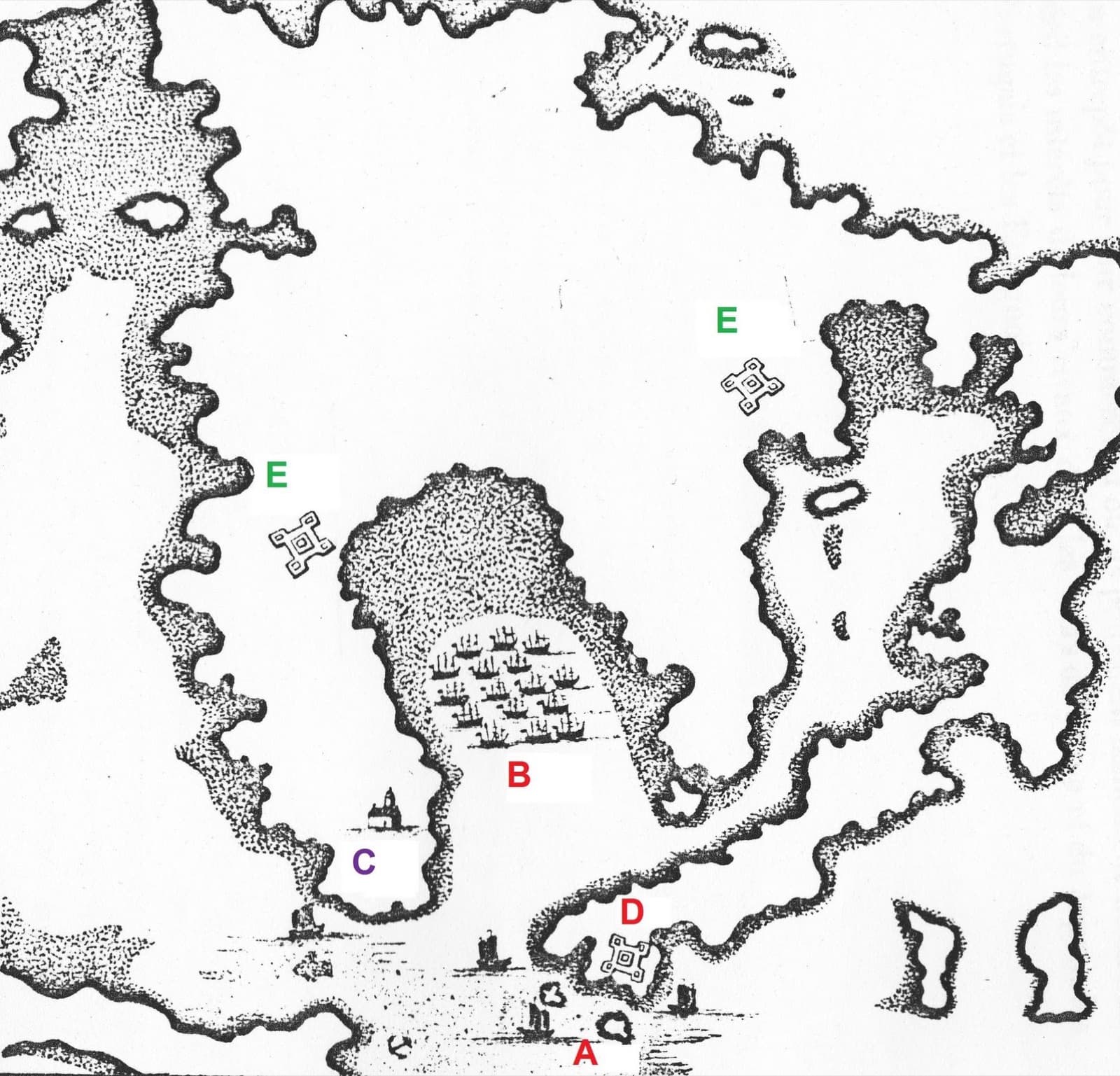 A 1664 chart of the Pescadores marking the Dutch fleet's anchorages and channels. The islands were the doorway to Taiwan; nineteen years later Shi Lang came through them.
