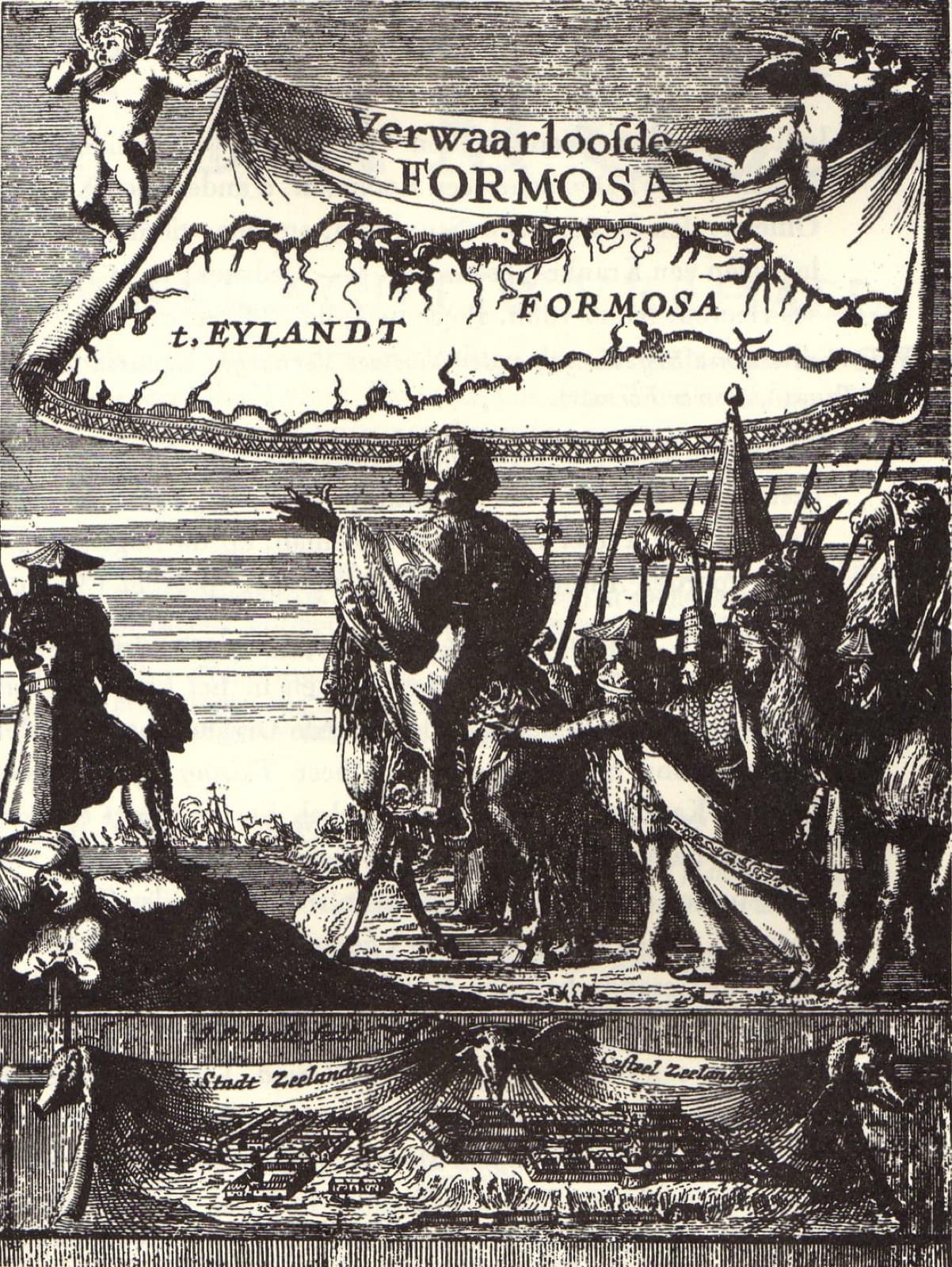 The title page of *'t Verwaerloosde Formosa*, 1675. Frederick Coyett, the last Dutch governor, was exiled after the surrender and wrote this book in his own defence, accusing his superiors in Batavia of abandoning him.