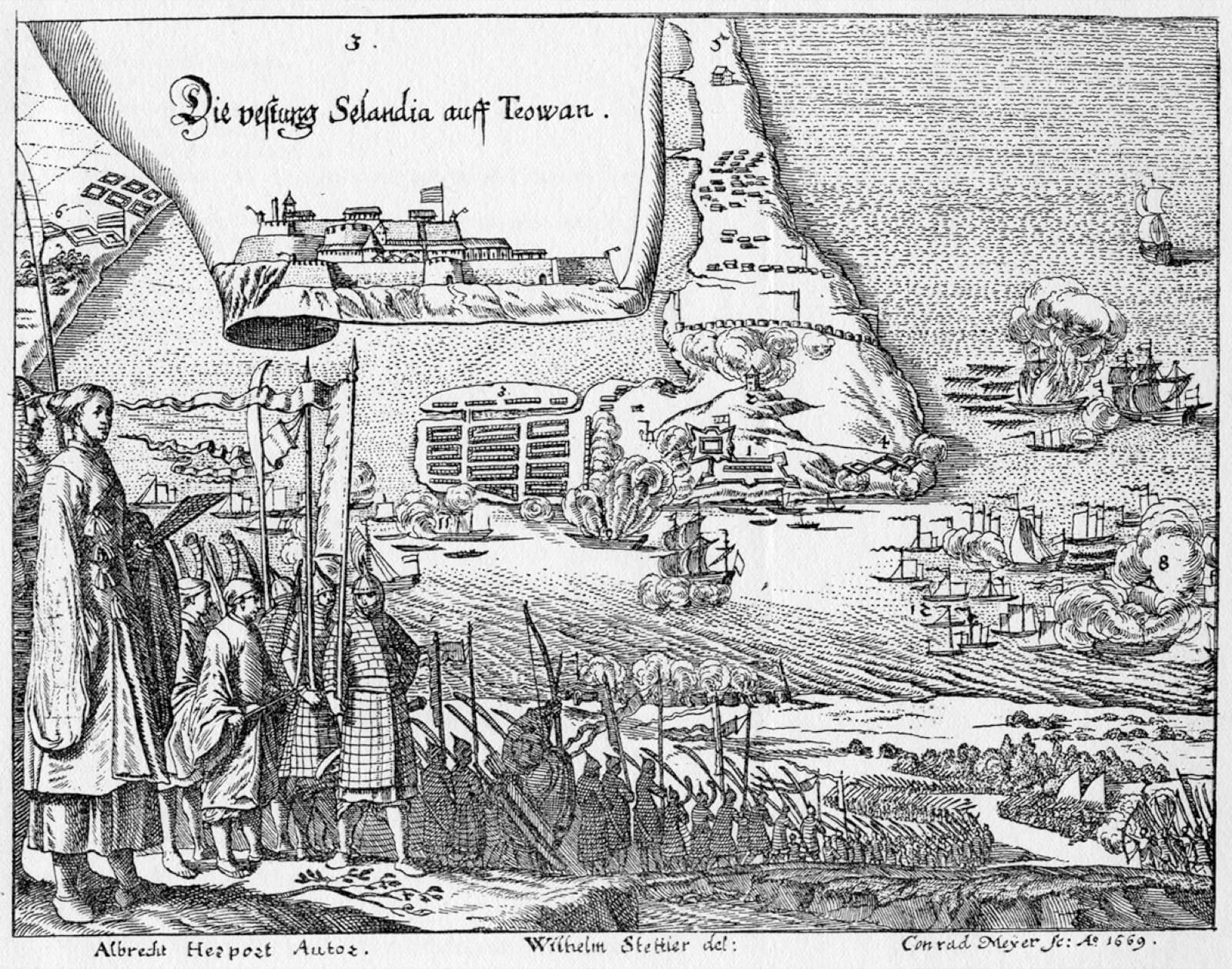 Fort Zeelandia and the bay of Tayouan, from the travel account of Albrecht Herport, a Swiss mercenary who was inside the fort through the nine-month siege of 1661. Few images of the castle come from an eyewitness.