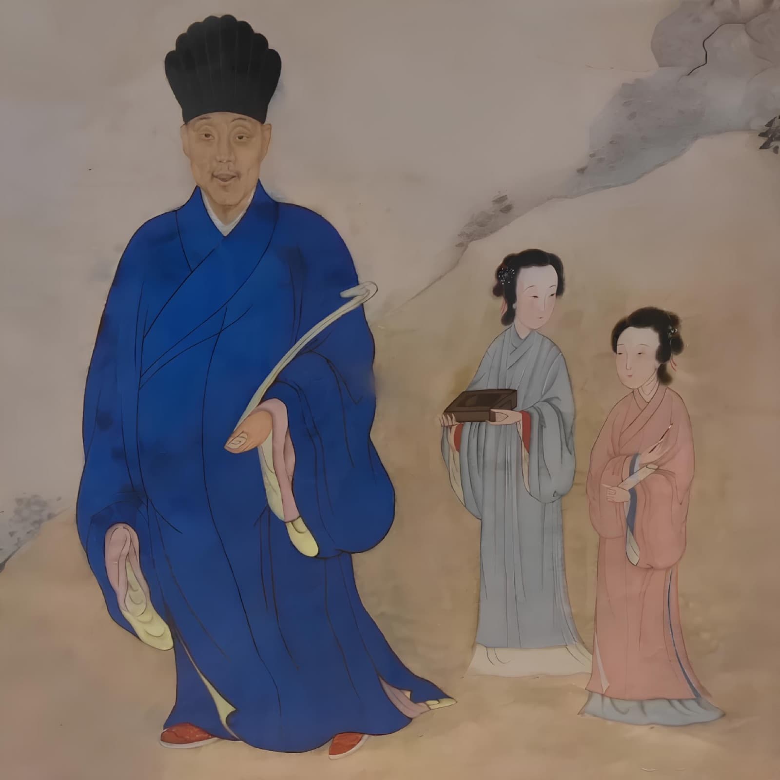 Zheng Jing with two attendants, in a blue robe holding a ruyi sceptre. Qing painters gave the Prince of Yanping the bearing of a ruler at peace rather than a soldier in armour.