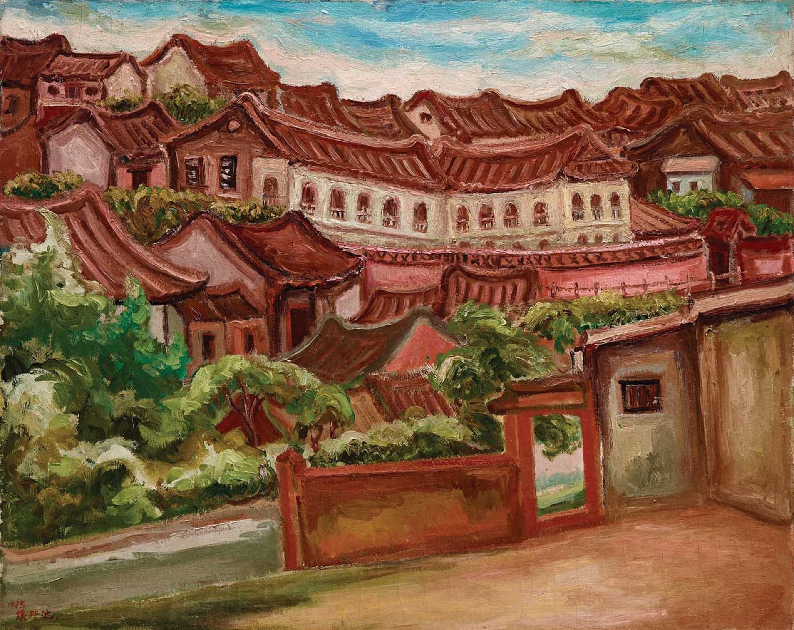 Chen Cheng-po, *Tamsui Landscape*, 1935. The first Taiwanese to have an oil painting selected for Japan's Imperial Exhibition; here the red-tiled roofs stack down to the river.