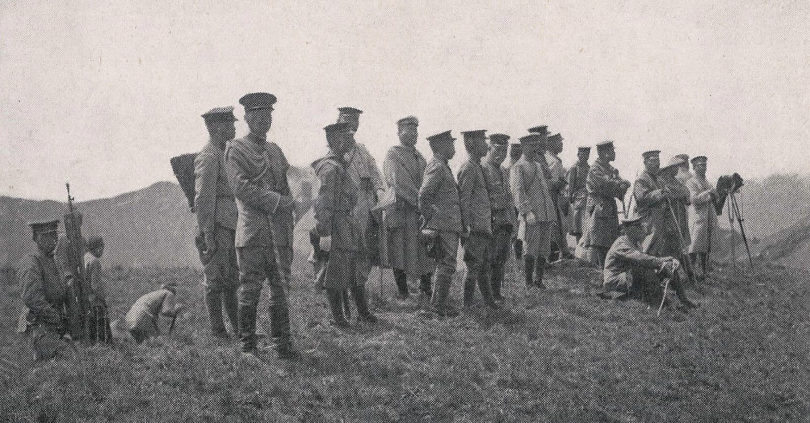 Sakuma Samata with his officers in the mountains, 1914. He directed the Taroko campaign in person, at the age of seventy.