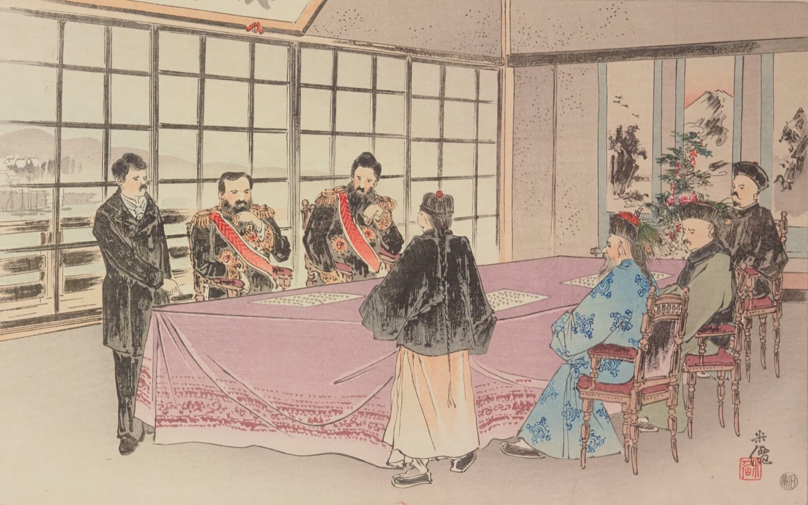Shunpanro, 17 April 1895. Li Hongzhang and Ito Hirobumi settled the treaty that handed Taiwan and the Pescadores to Japan. Drawn by Kubota Beisen, who travelled with the delegation. No islander was present.