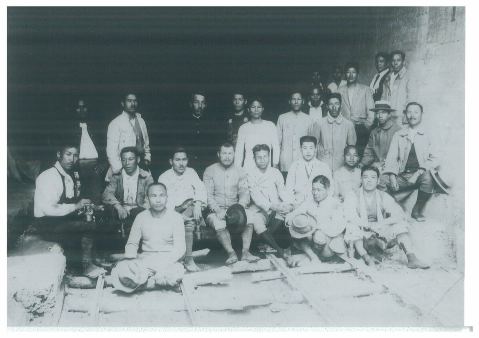 Workers on the Sun Moon Lake hydroelectric scheme. The project stopped and restarted across fifteen years and was finished only on foreign loans; most of those killed and injured were islanders and indigenous labourers.