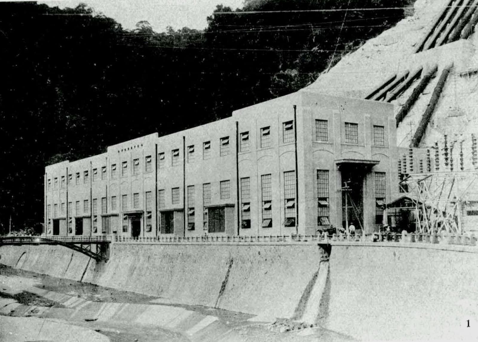 The Sun Moon Lake First Power Station, completed in 1934. Five penstocks run straight down the slope on a head of 320 metres, multiplying the island's generating capacity several times over.