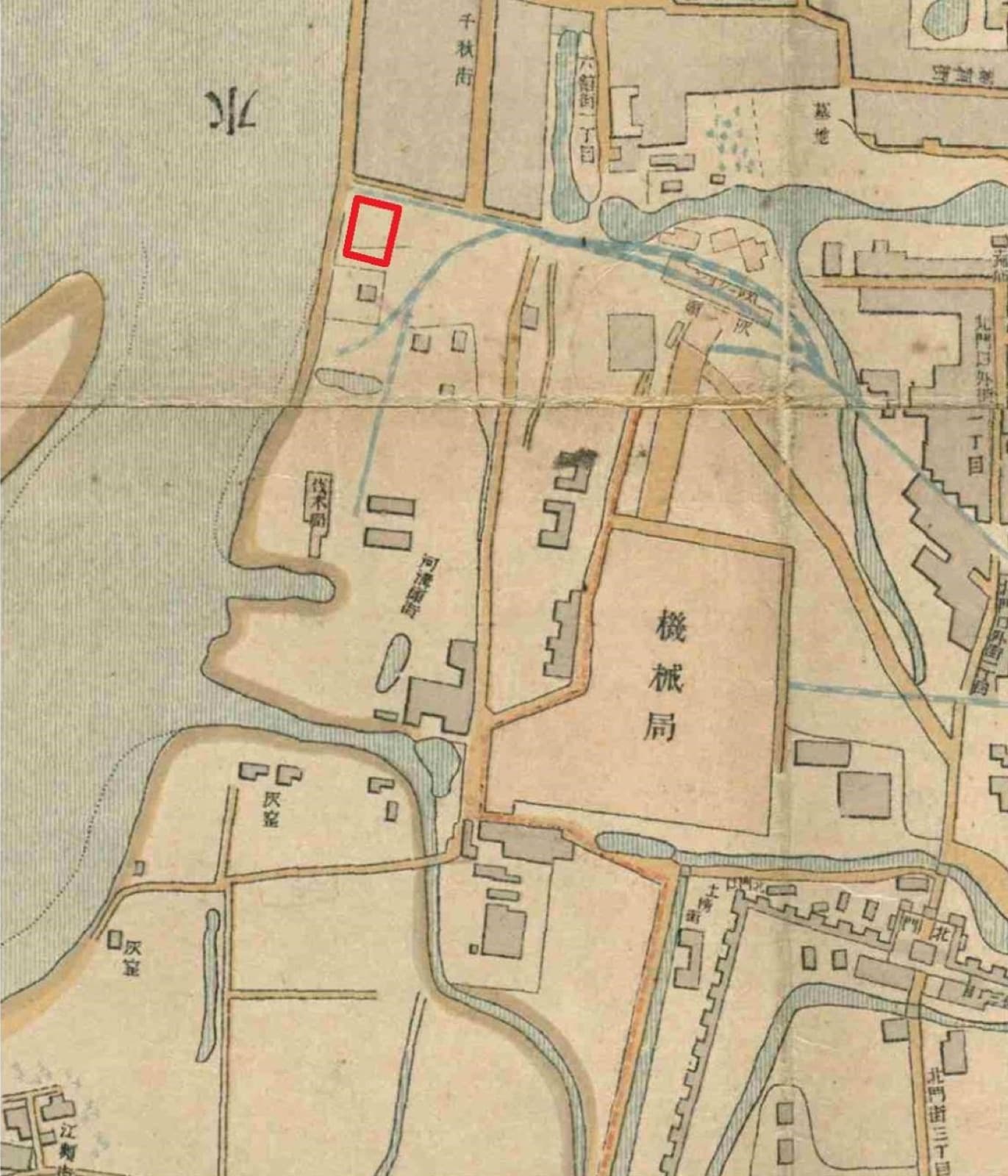 A plan of Taipei from 1897, with Dadaocheng and Bangka side by side west of the walled city. The rooftops Liao Tian-ding crossed at night lay among these blocks.